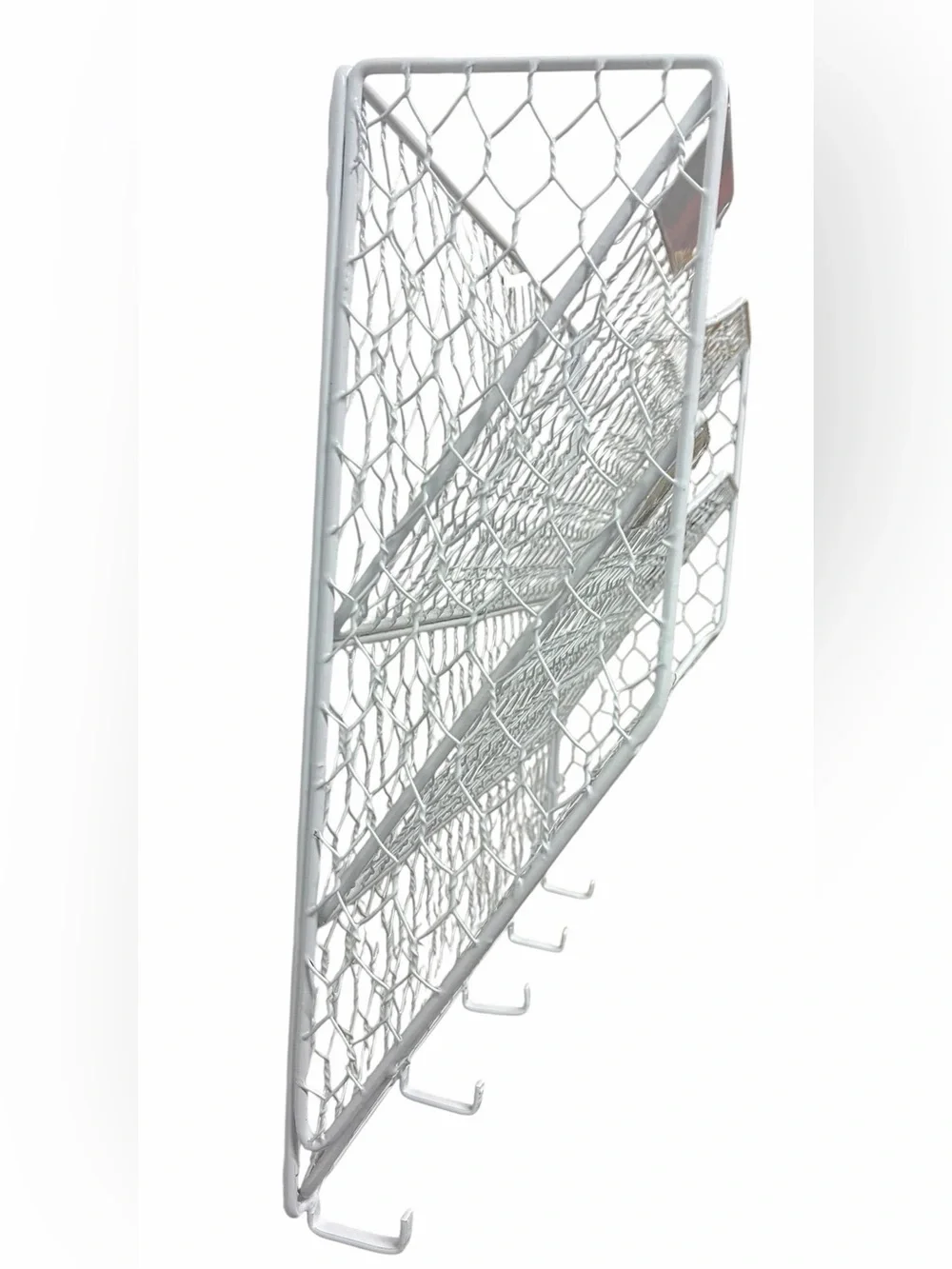 3 Tier White Wire Hanging Wall Mount Organizer w 5 Hooks & Mounting Screws